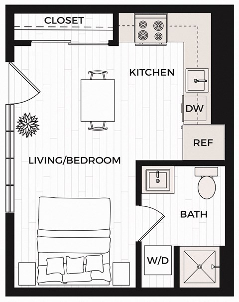 Floor plan for studio, 1 bath, 385 sqft